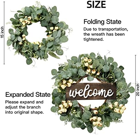 Green Artificial Eucalyptus Wreath with Welcome Sign 20in Decor