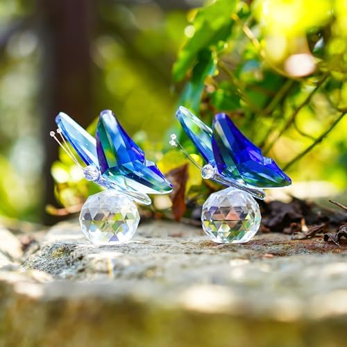 HD Pink and Blue Crystal Butterfly Figurine with Crystal Ball Base