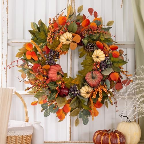 Fall Wreath with Pumpkins and Pinecones 24 Inch