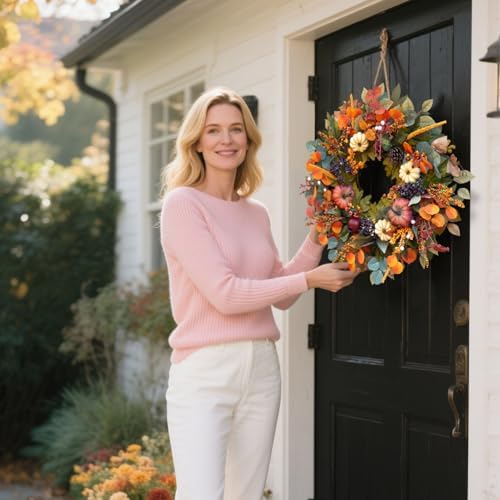 Fall Wreath with Pumpkins and Pinecones 24 Inch