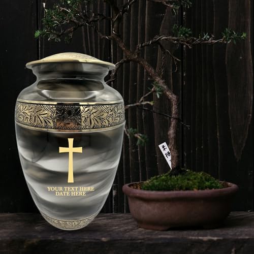 Custom Cremation Urn - Personalized Engraved Name Dates and Memorial Cross in Gold
