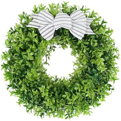 18 Inch Faux Boxwood Wreath with Plaid Bow and Sash