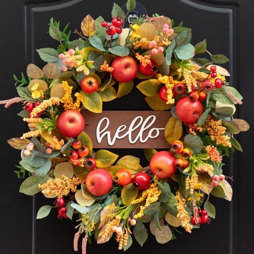 24 Inch Fall Wreath with Apples and Wooden Hello Sign