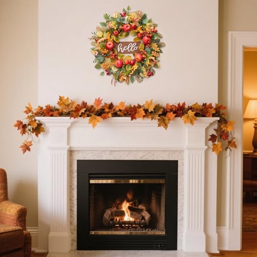 24 Inch Fall Wreath with Apples and Wooden Hello Sign