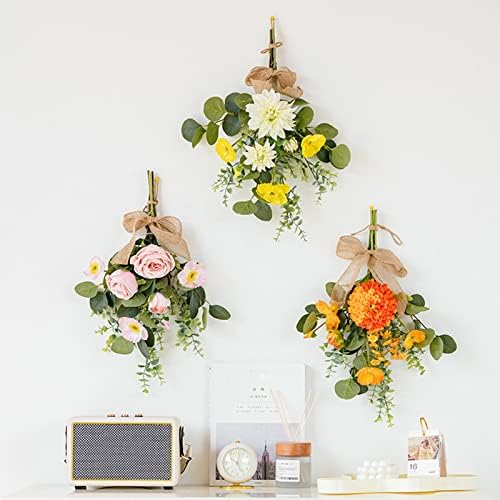 17 Inch Artificial Teardrop Wreath with Flowers and Eucalyptus Leaves