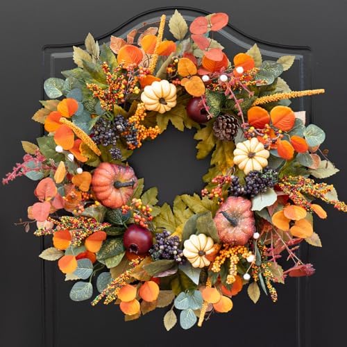 Fall Wreath with Pumpkins and Pinecones 24 Inch