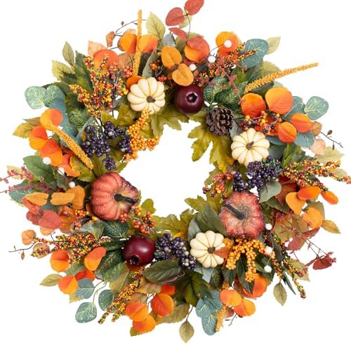 Fall Wreath with Pumpkins and Pinecones 24 Inch
