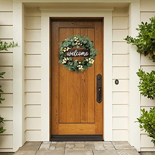 Green Artificial Eucalyptus Wreath with Welcome Sign 20in Decor