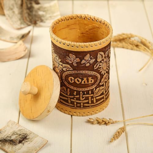 Handmade Birch Bark Salt Container with Floral Design