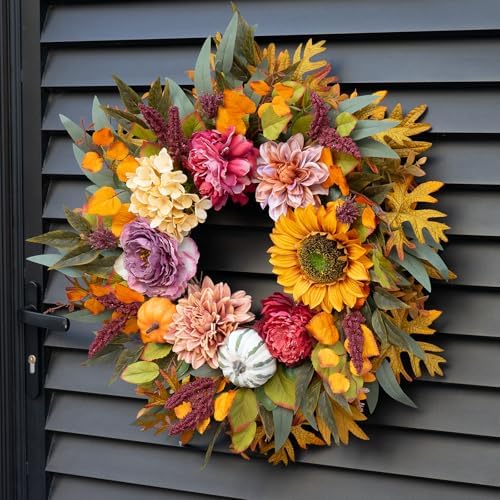 24 Inch Fall Wreath with Sunflowers Pumpkins Peonies Hydrangeas Dahlias Eucalyptus