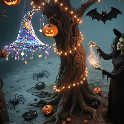 Halloween Witch Hat Hanging Ornament - Sparkling Stained Glass Effect