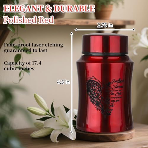 45 Inches Medium Urn for Human Ashes - Red Heart Angel Wings Design