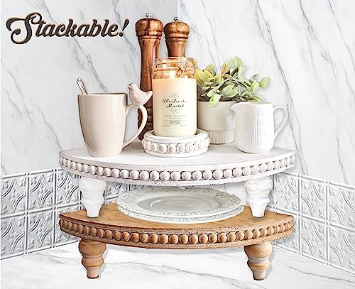 Corner Pedestal Stand with Beaded White Wood Design