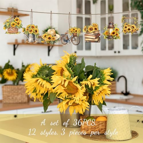 36 Pcs Summer Sunflower Wood Hanging Decorations
