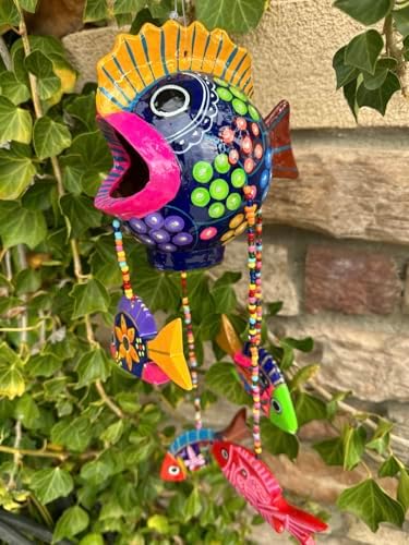 Handmade Mexican Pottery Fish Mobile - 6x6 Inches with 15-Inch Dangling Fish