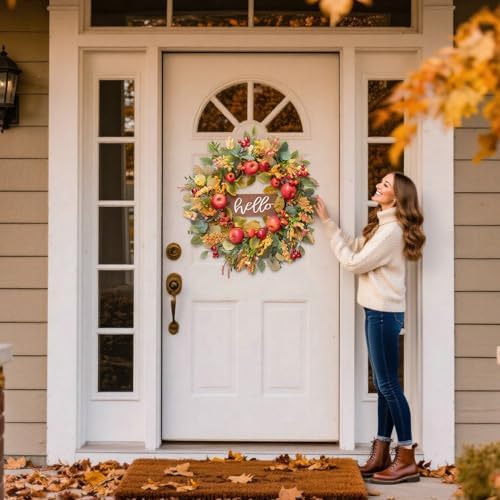 24 Inch Fall Wreath with Apples and Wooden Hello Sign
