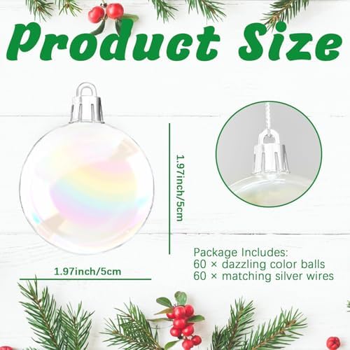 60 PCS Iridescent Clear Christmas Balls with Silver Wire