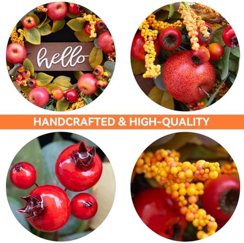 24 Inch Fall Wreath with Apples and Wooden Hello Sign