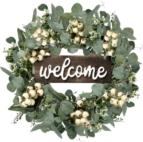 Green Artificial Eucalyptus Wreath with Welcome Sign 20in Decor