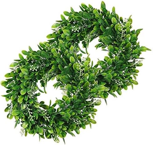 LSKYTOP 2 Pcs Artificial Boxwood Wreath with White Flowers