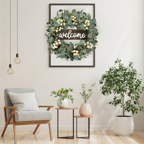 Green Artificial Eucalyptus Wreath with Welcome Sign 20in Decor