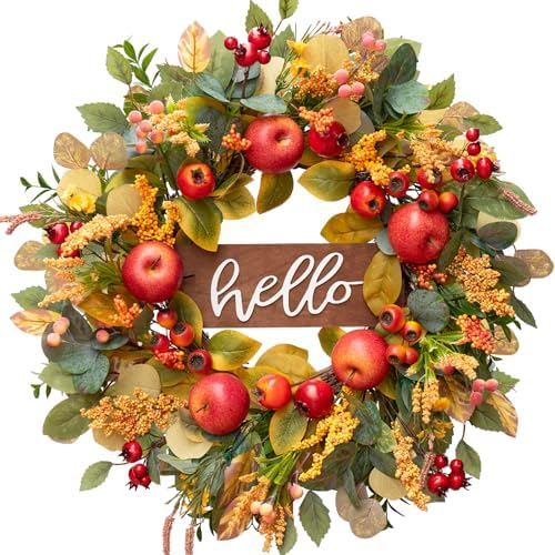 24 Inch Fall Wreath with Apples and Wooden Hello Sign