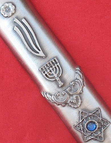 6 Inch Pewter Mezuzah with Star of David and Menorah