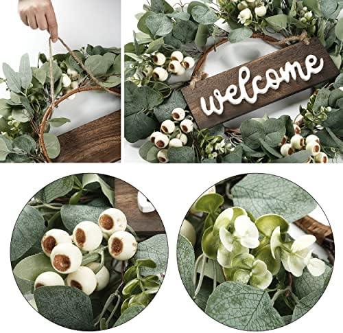 Green Artificial Eucalyptus Wreath with Welcome Sign 20in Decor