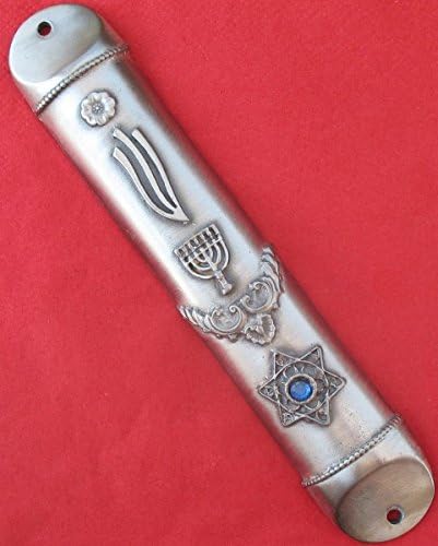 6 Inch Pewter Mezuzah with Star of David and Menorah
