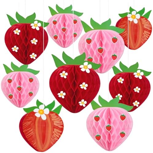 9PCS Strawberry Honeycomb Hanging Decorations