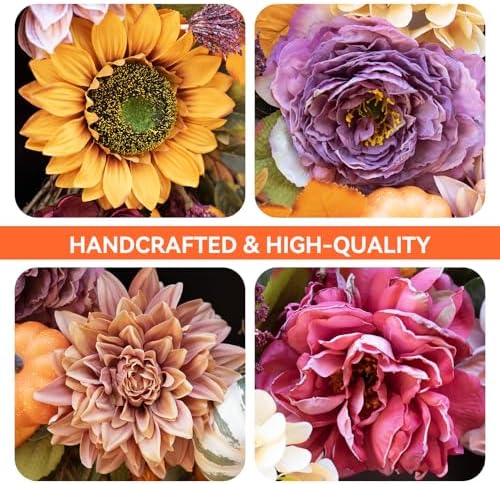 24 Inch Fall Wreath with Sunflowers Pumpkins Peonies Hydrangeas Dahlias Eucalyptus