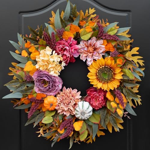 24 Inch Fall Wreath with Sunflowers Pumpkins Peonies Hydrangeas Dahlias Eucalyptus
