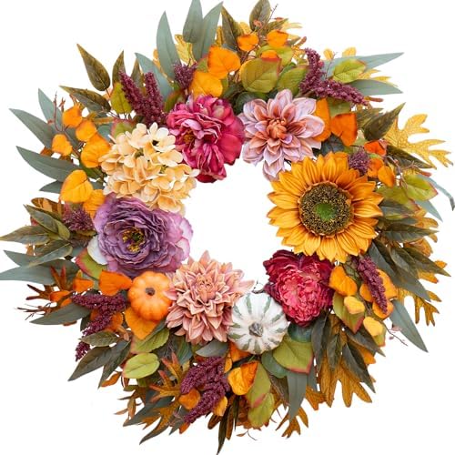 24 Inch Fall Wreath with Sunflowers Pumpkins Peonies Hydrangeas Dahlias Eucalyptus