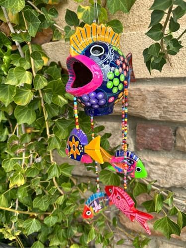 Handmade Mexican Pottery Fish Mobile - 6x6 Inches with 15-Inch Dangling Fish