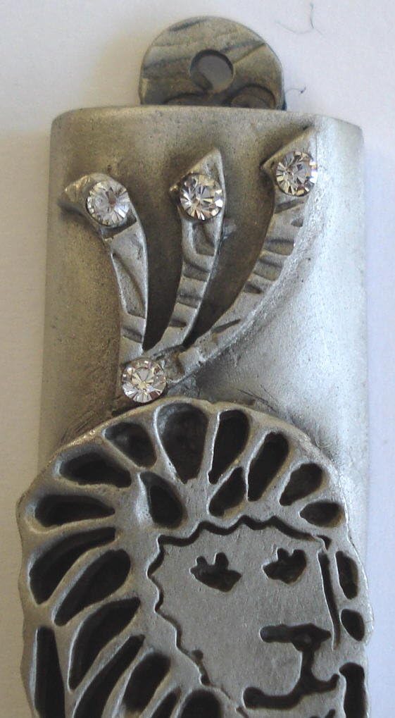 Handcrafted Pewter Mezuzah with Crystals and Lion of Judah