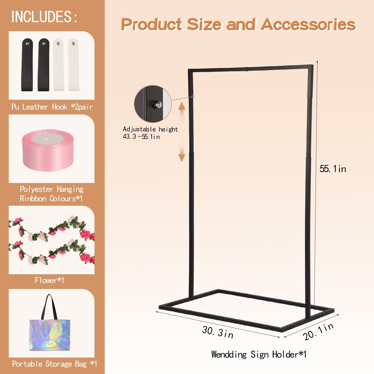 Adjustable Wedding Sign Stand with 4 Leather Straps