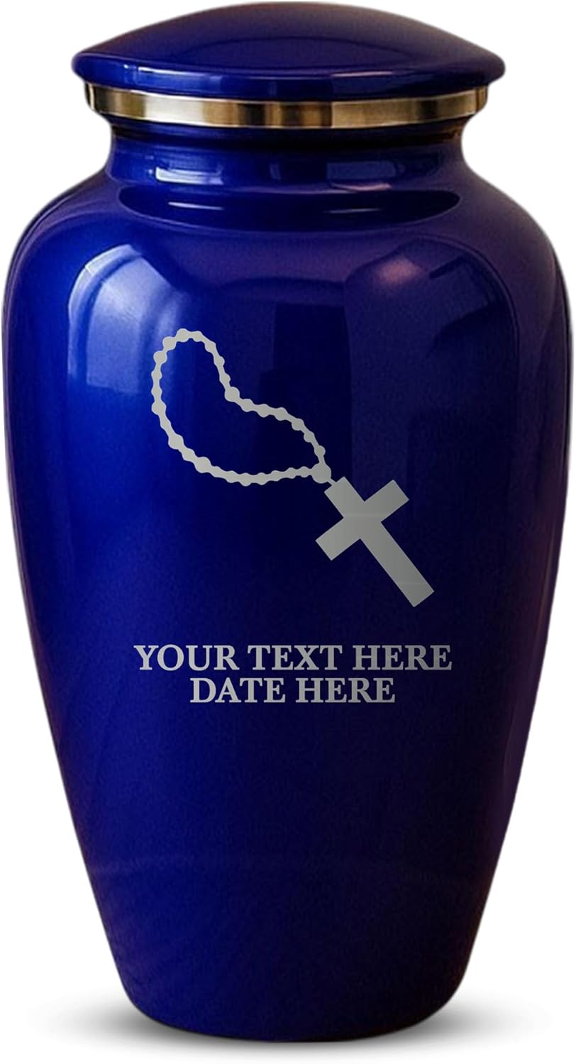 Custom Purple Metal Cremation Urn with Rosary Design