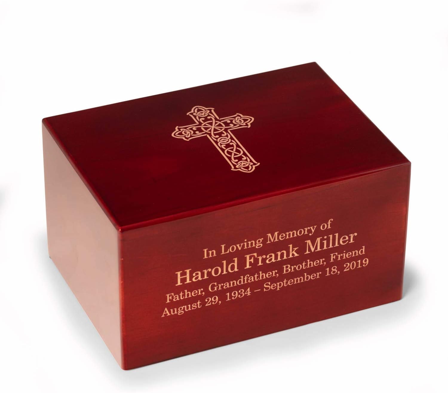 Custom Engraved Rosewood Cremation Urn with Religious Cross Design