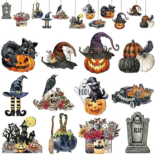 Huwena 36 Pcs Halloween Wood Ornament Set