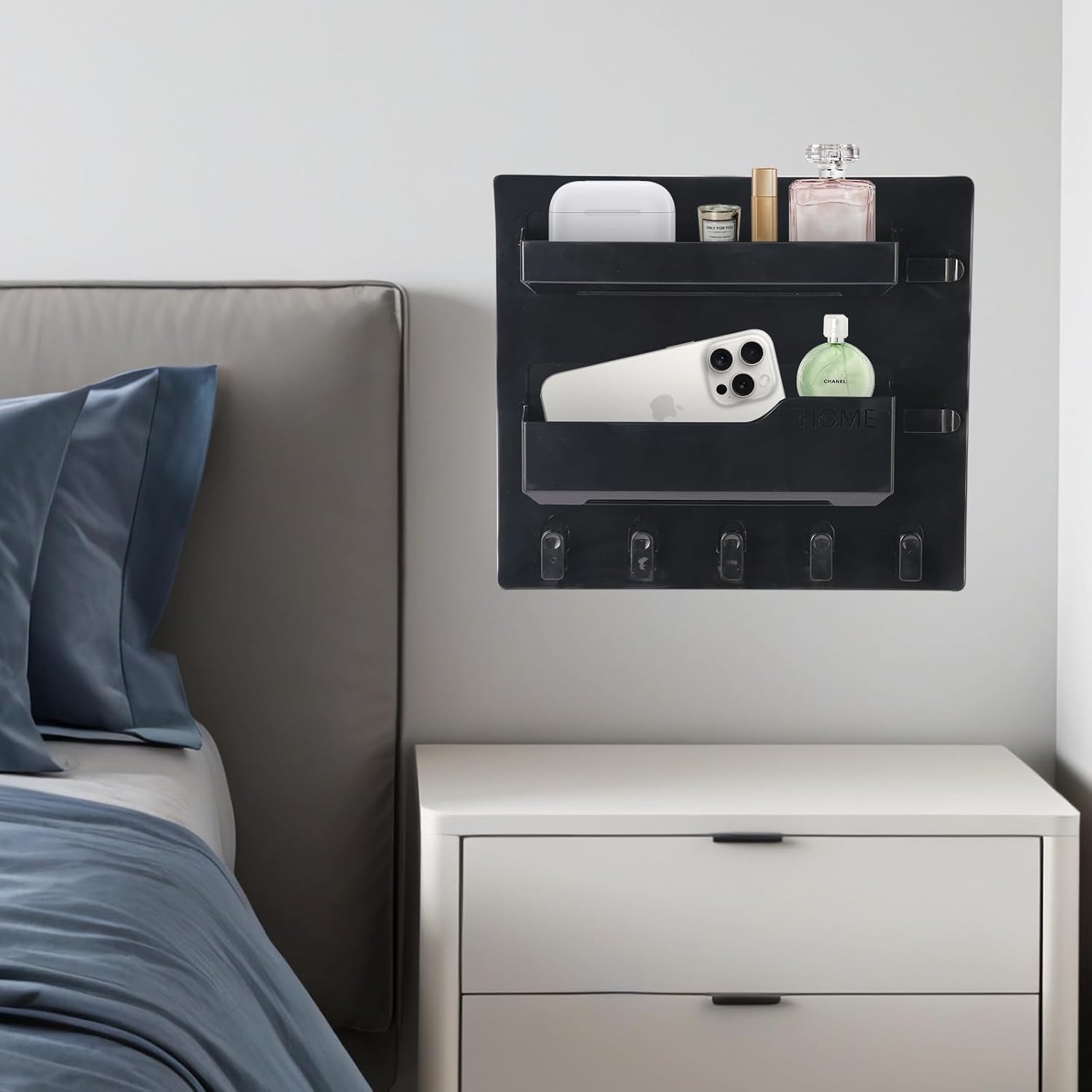 Meaocer Bedside Shelf Wall Mount Organizer - 5 Hooks Black Style