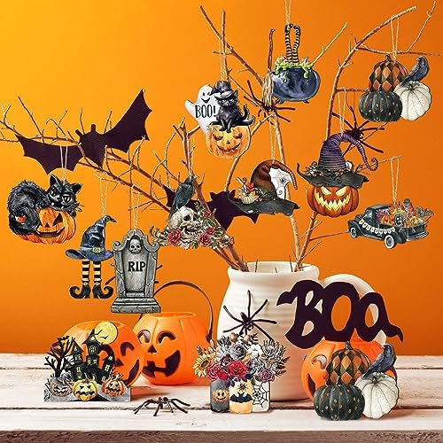 Huwena 36 Pcs Halloween Wood Ornament Set