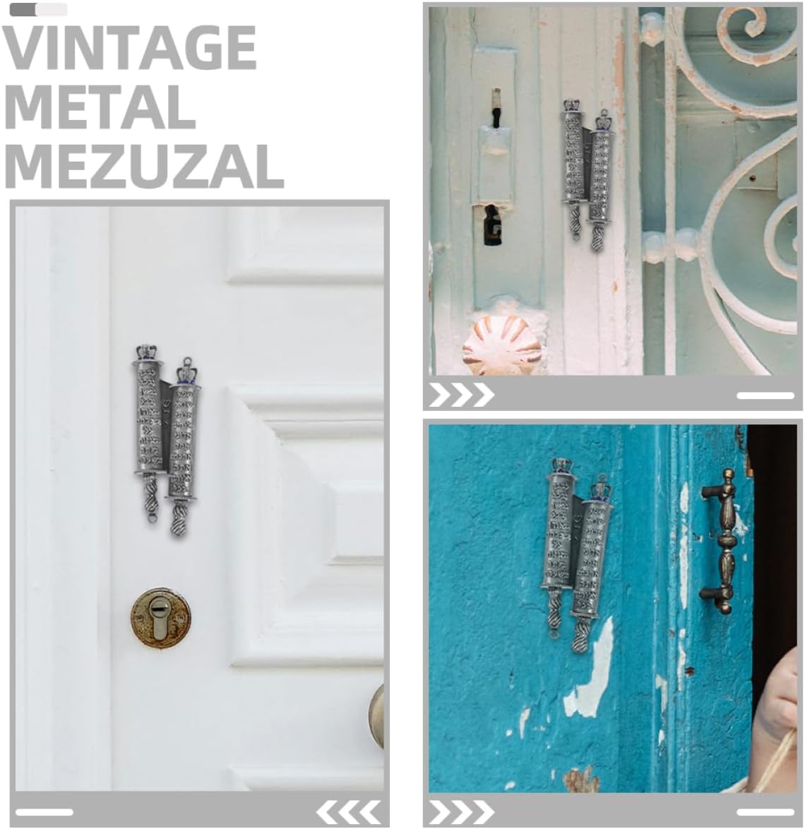2 Piece Metal Mezuzah Set with Engraved Blessings for Front Door