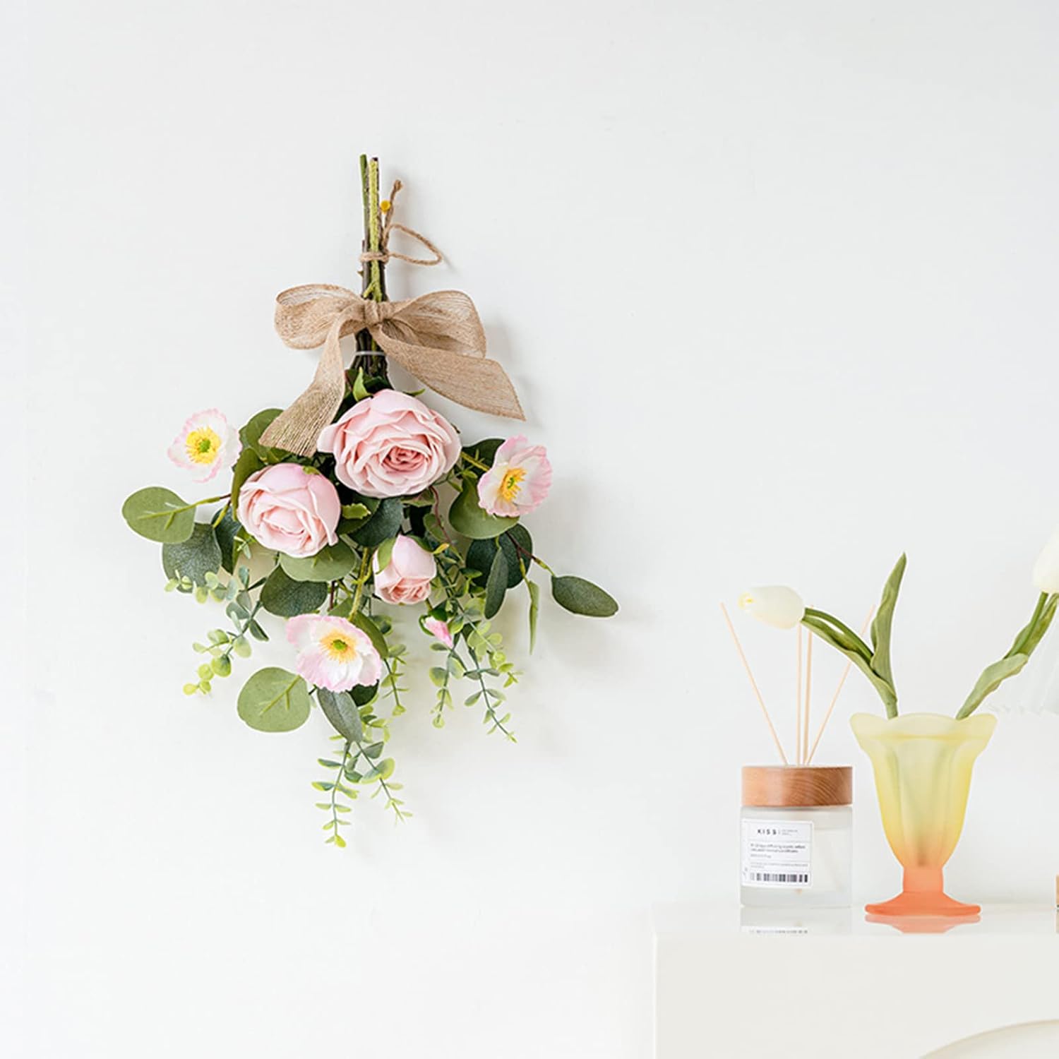 17 Inch Artificial Teardrop Wreath with Flowers and Eucalyptus Leaves