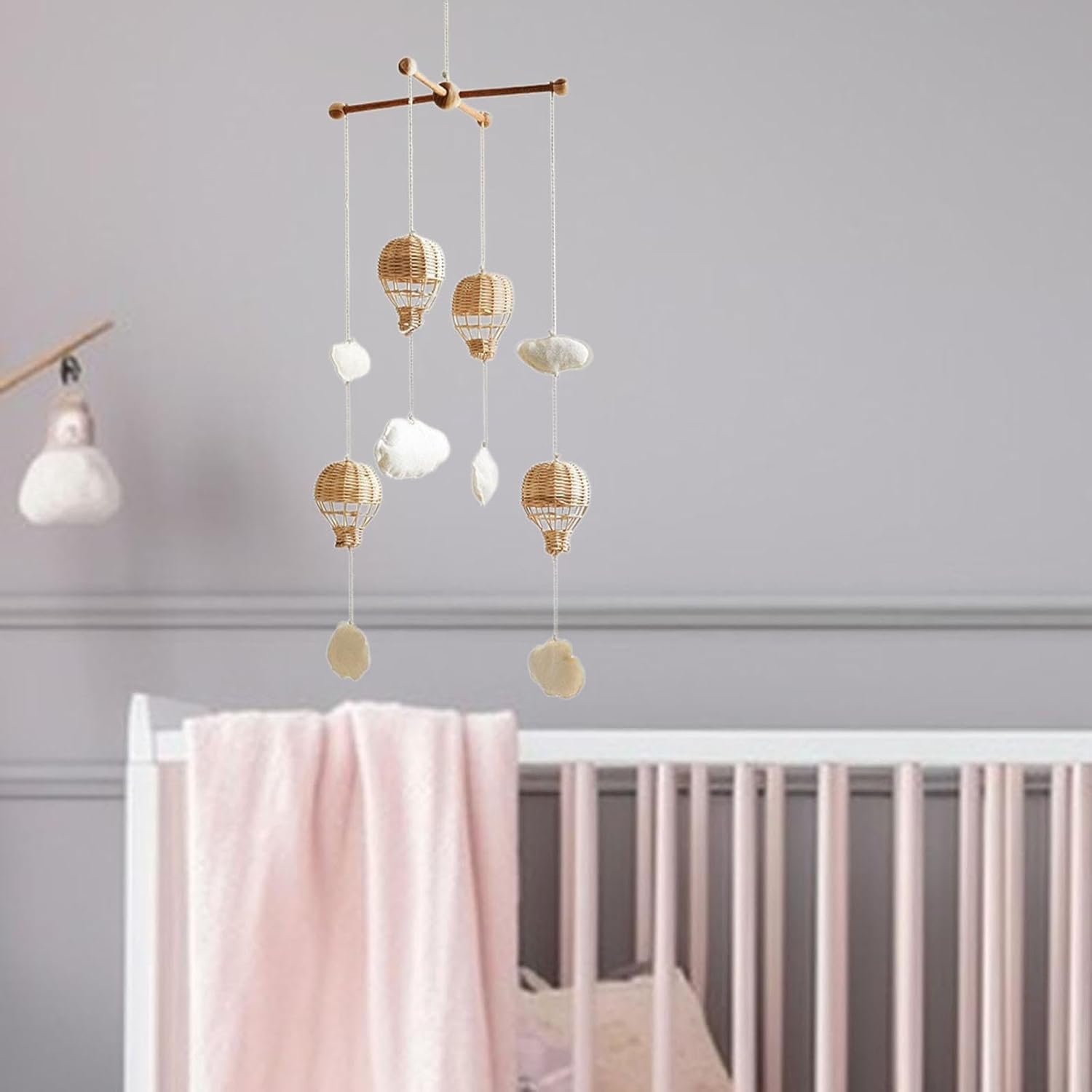 Garende Baby Mobile with Rattan Balloon and Cloud Decor