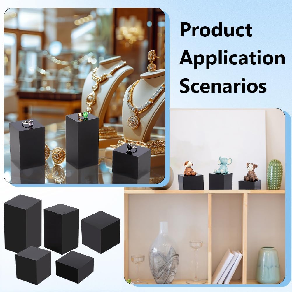 BENECREAT 5pcs Black Acrylic Cube Display Blocks with Different Heights