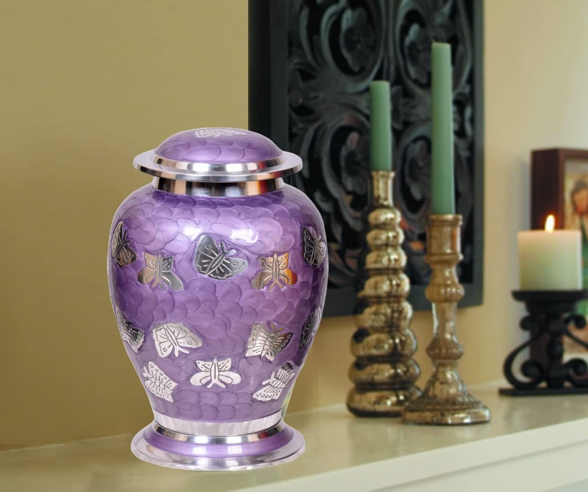 Lavender Butterflies Cremation Urn - Handcrafted Metal Purple Urn with Free Bag