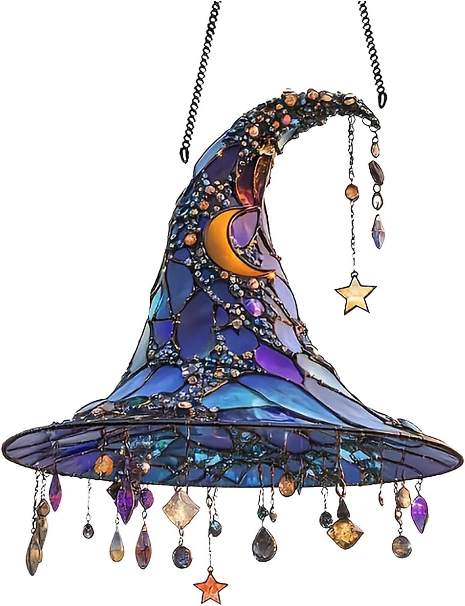 Halloween Witch Hat Hanging Ornament - Sparkling Stained Glass Effect