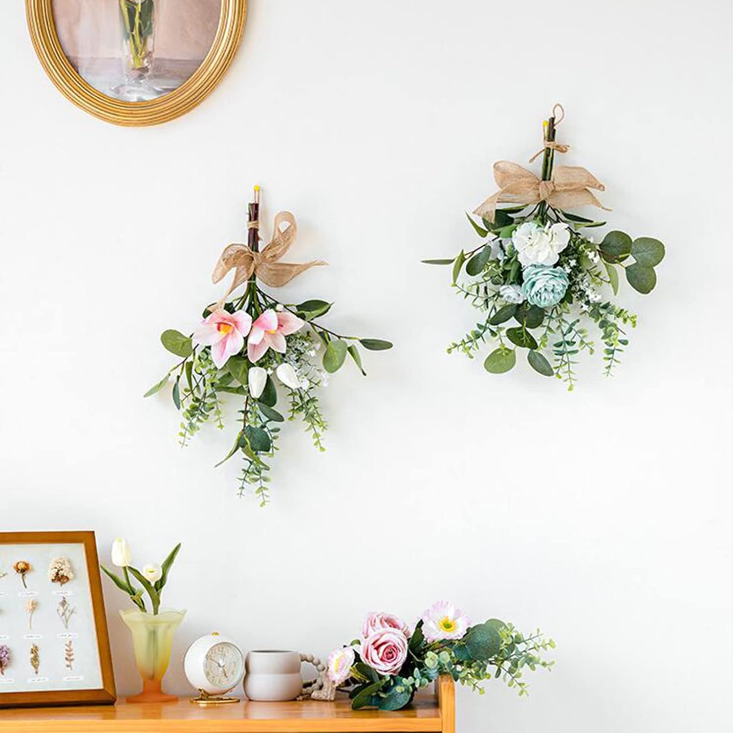 17 Inch Artificial Teardrop Wreath with Flowers and Eucalyptus Leaves