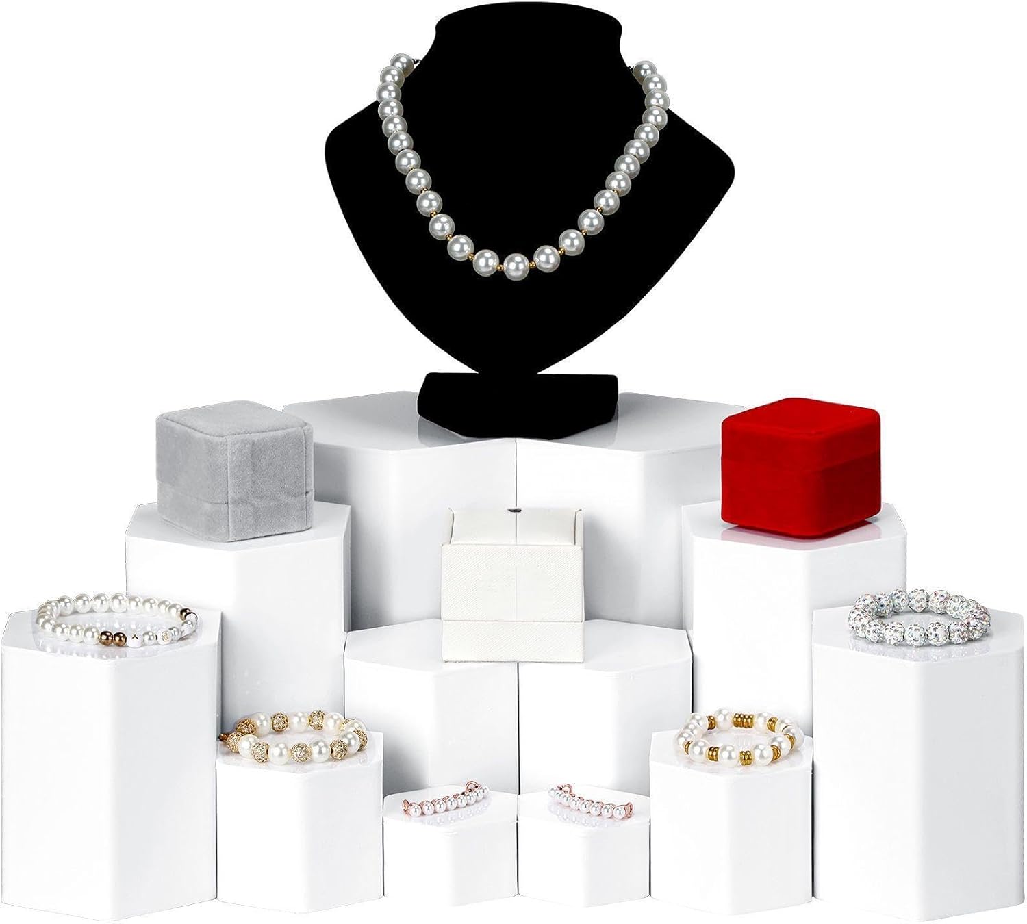 Jetec Hexagonal Jewelry Display Risers - 6 Sizes 12 Pieces White