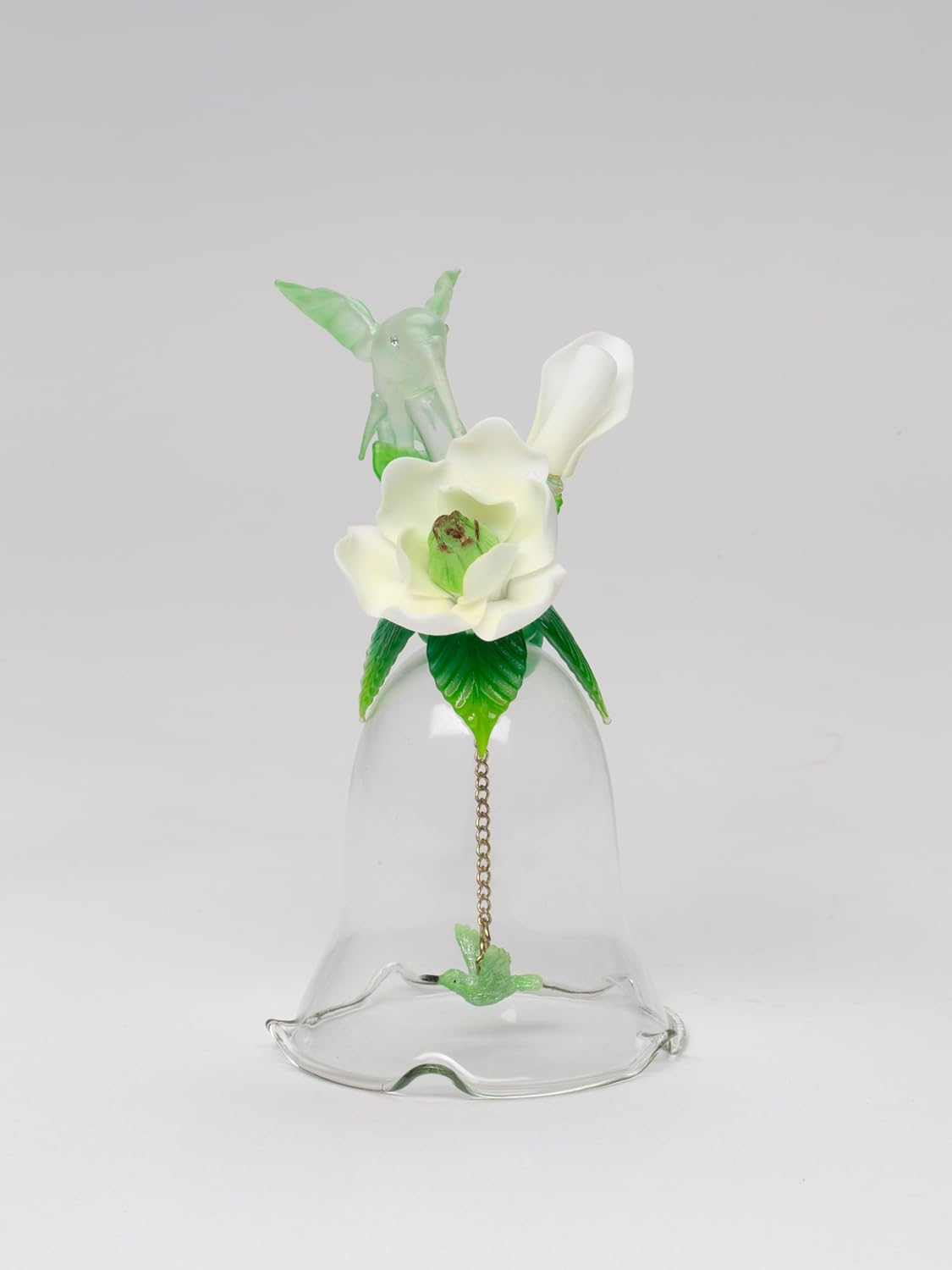 Fine Hand Blown Glass Hummingbird with Porcelain Magnolia Flower Figurine